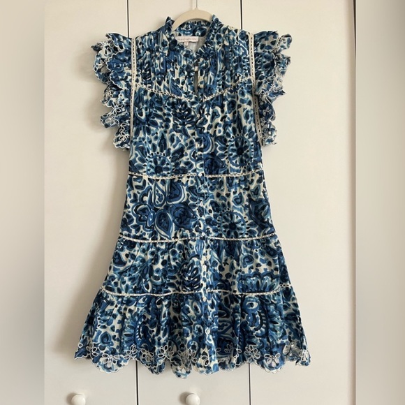 House of Harlow 1960 Blue Floral Eyelet Ruffle Dress Small Smocked Tiered A-Line - Picture 3 of 8